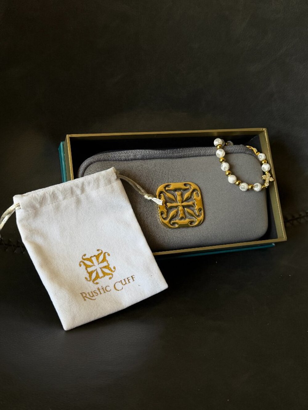 Rustic Cuff White Agate & Gold Bead Bracelet with Crystal Cross Charm